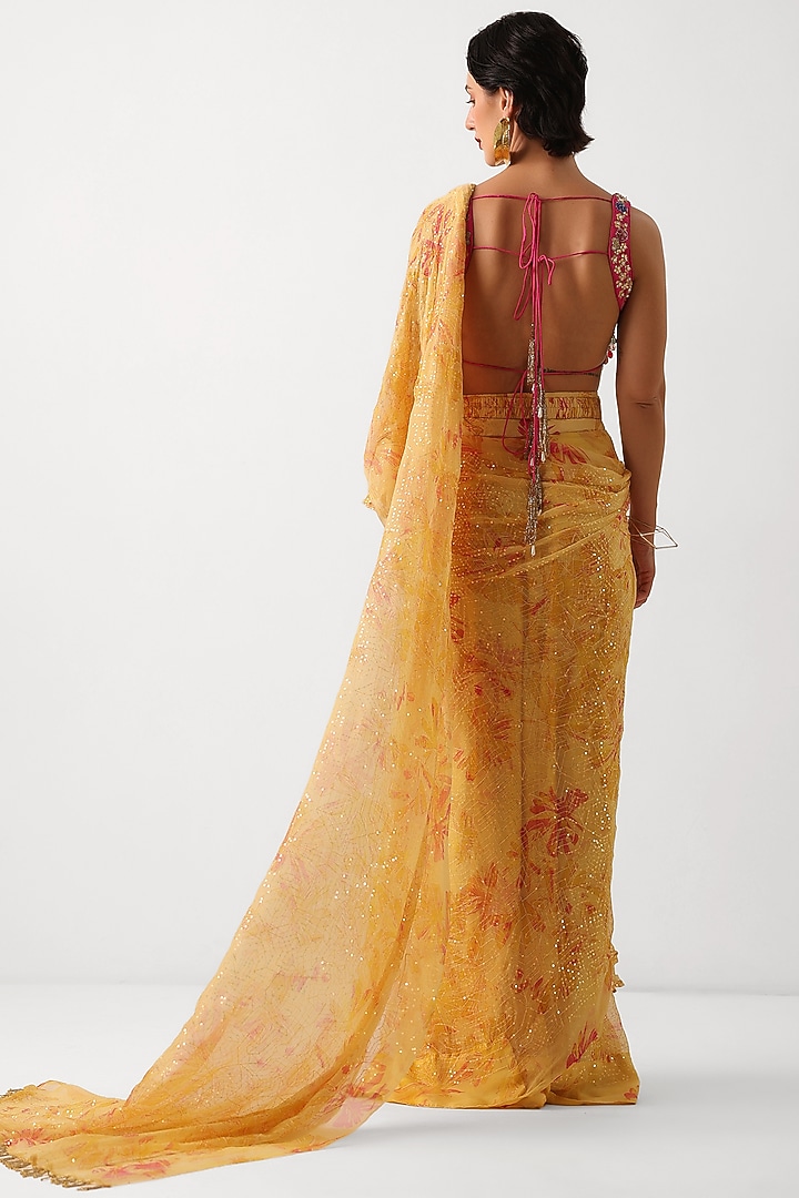 Butter Yellow Chiffon Printed Ready-To-Wear Ruffled Wedding Saree Set by Pallavi Jaipur at Pernia's Pop Up Shop