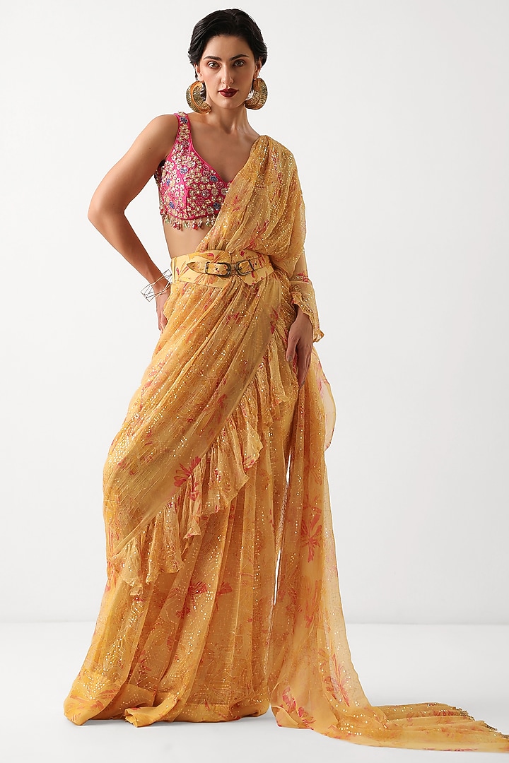 Butter Yellow Chiffon Printed Ready-To-Wear Ruffled Wedding Saree Set by Pallavi Jaipur at Pernia's Pop Up Shop