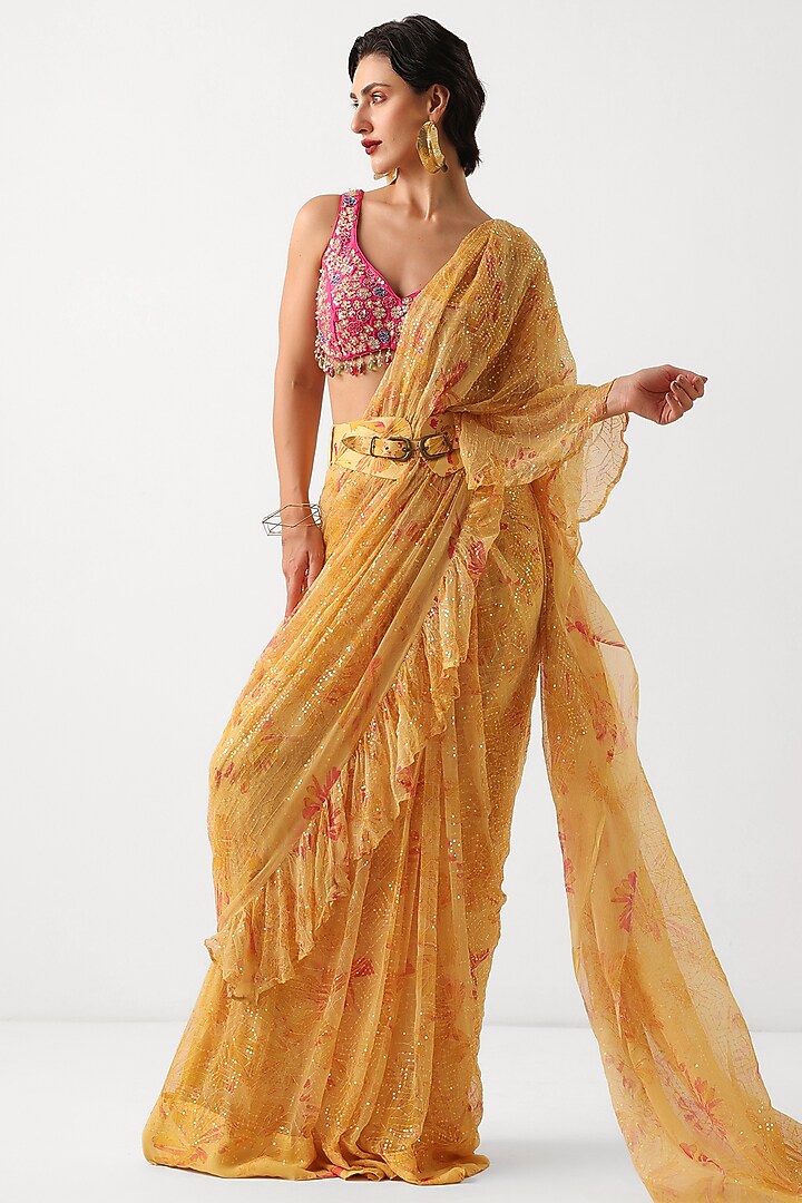 Butter Yellow Chiffon Printed Ready-To-Wear Ruffled Wedding Saree Set by Pallavi Jaipur at Pernia's Pop Up Shop