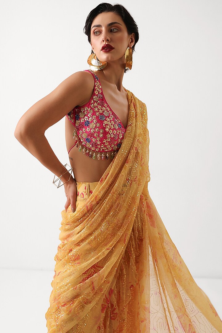 Butter Yellow Chiffon Printed Ready-To-Wear Ruffled Wedding Saree Set by Pallavi Jaipur at Pernia's Pop Up Shop