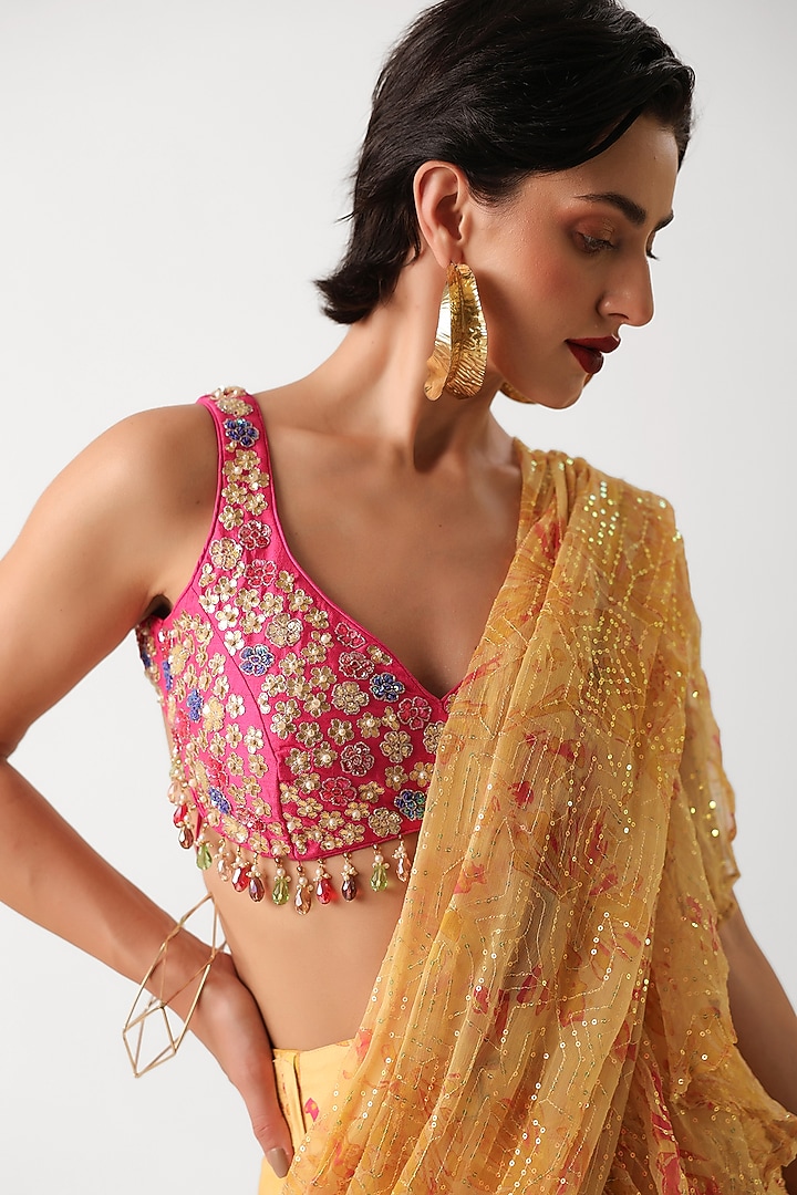 Butter Yellow Chiffon Printed Ready-To-Wear Ruffled Wedding Saree Set by Pallavi Jaipur at Pernia's Pop Up Shop