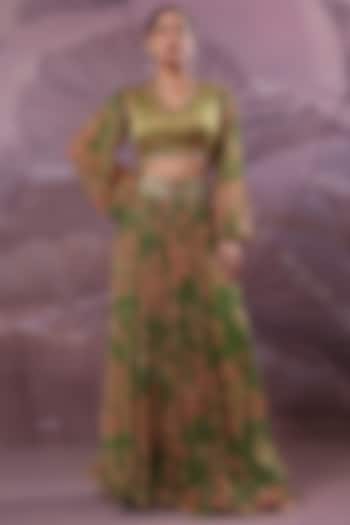 Avocado Green Chiffon Printed Skirt Set by Pallavi Jaipur at Pernia's Pop Up Shop