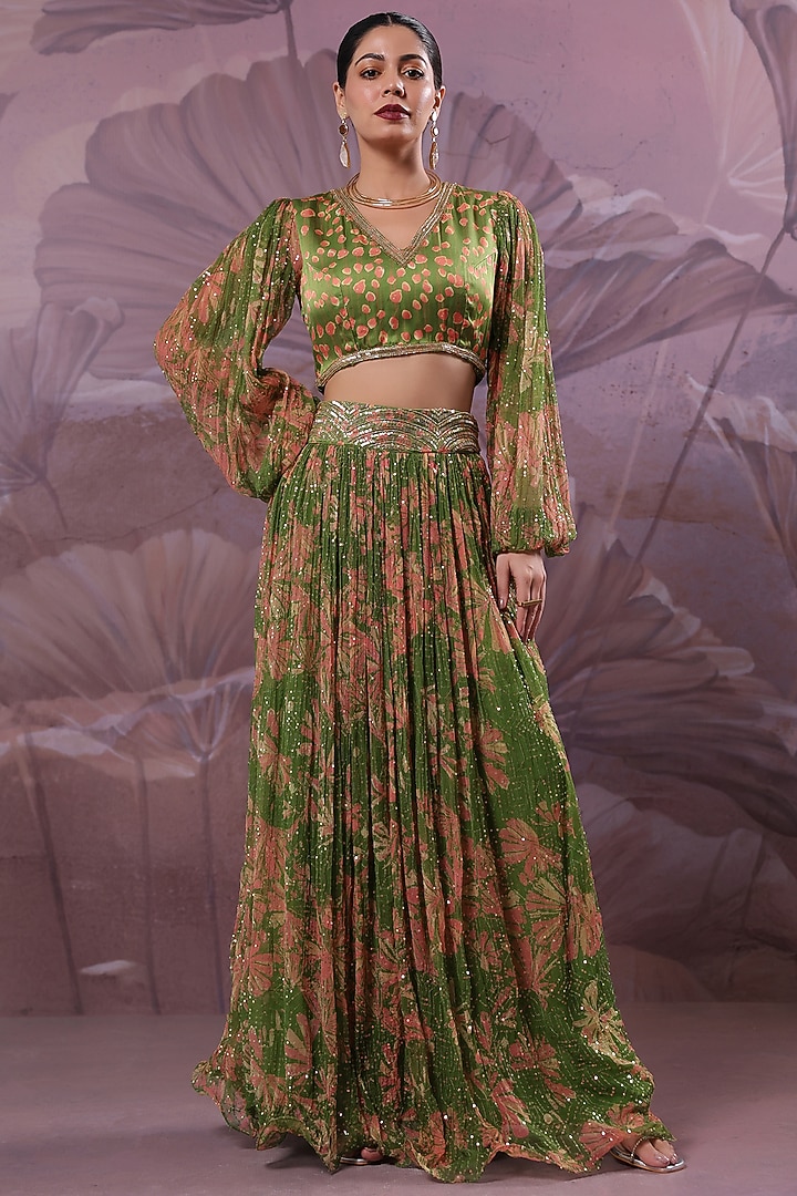 Avocado Green Chiffon Printed Skirt Set by Pallavi Jaipur at Pernia's Pop Up Shop