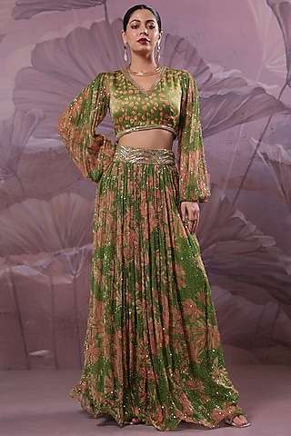 Avocado Green Chiffon Printed Skirt Set by Pallavi Jaipur