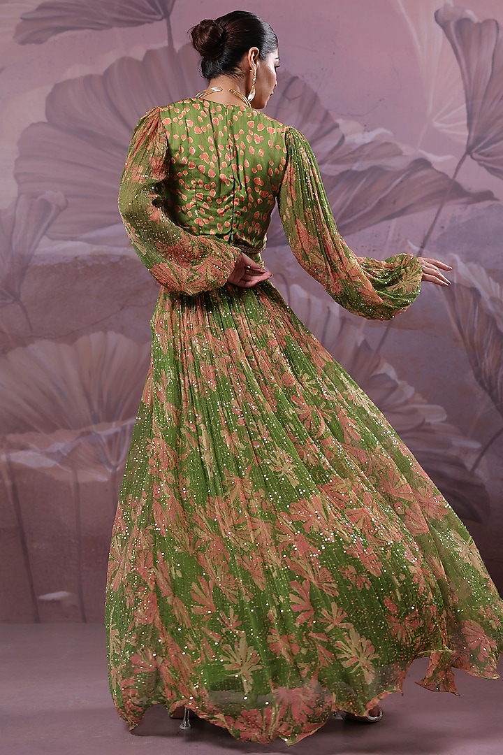 Avocado Green Chiffon Printed Skirt Set by Pallavi Jaipur at Pernia's Pop Up Shop
