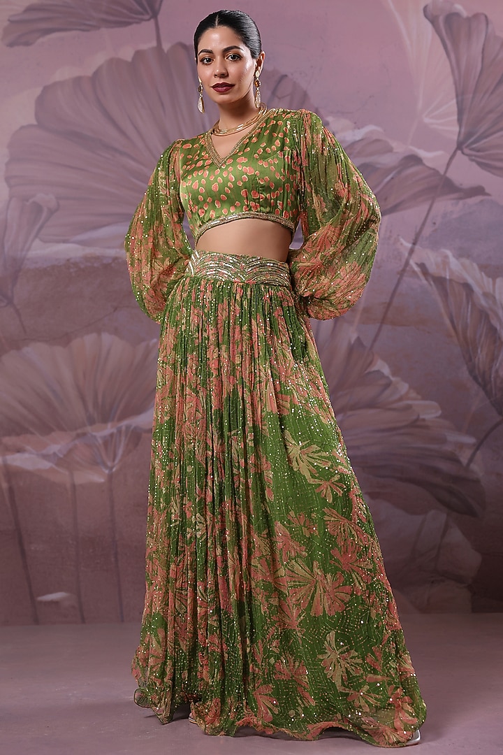 Avocado Green Chiffon Printed Skirt Set by Pallavi Jaipur at Pernia's Pop Up Shop