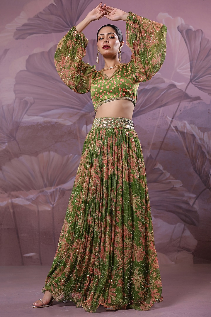 Avocado Green Chiffon Printed Skirt Set by Pallavi Jaipur at Pernia's Pop Up Shop