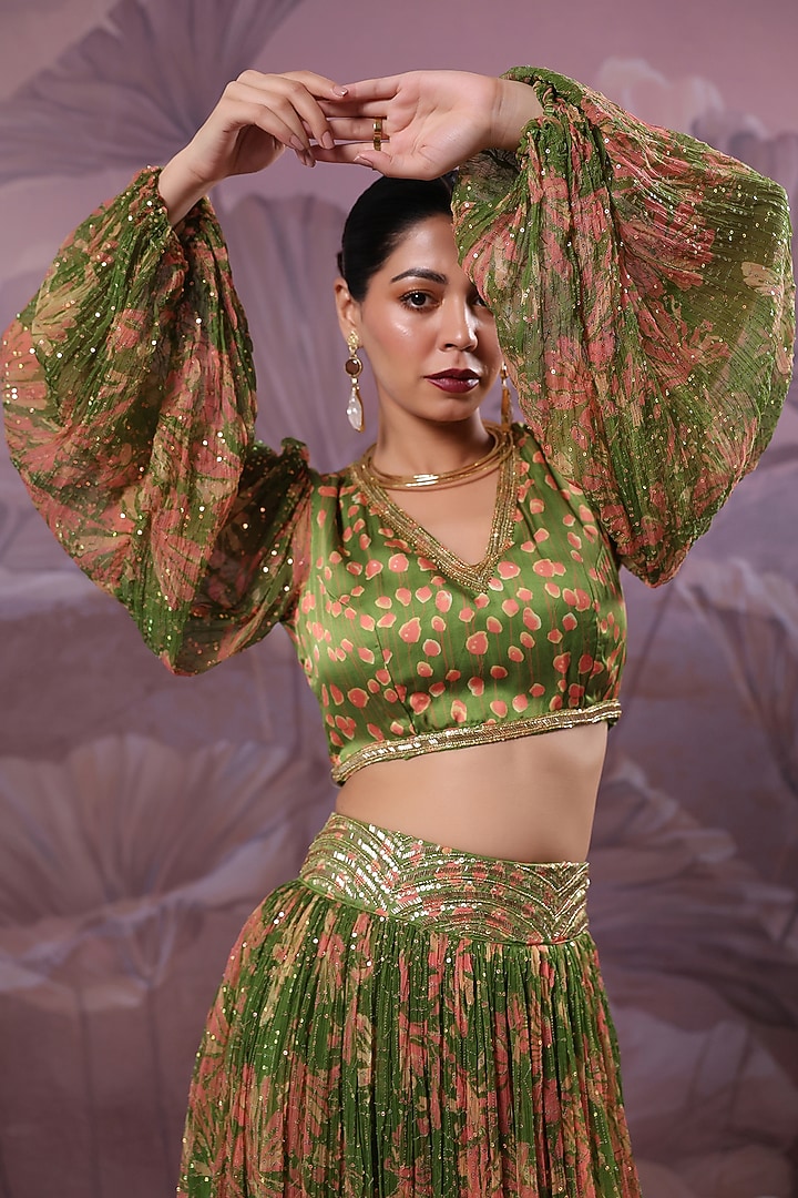 Avocado Green Chiffon Printed Skirt Set by Pallavi Jaipur at Pernia's Pop Up Shop