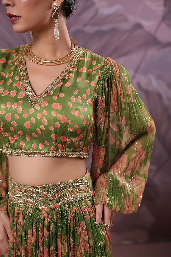 Avocado Green Chiffon Printed Skirt Set by Pallavi Jaipur at Pernia's Pop Up Shop