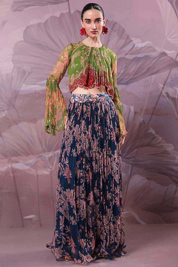 Persian Blue Chiffon Printed Skirt Set by Pallavi Jaipur at Pernia's Pop Up Shop