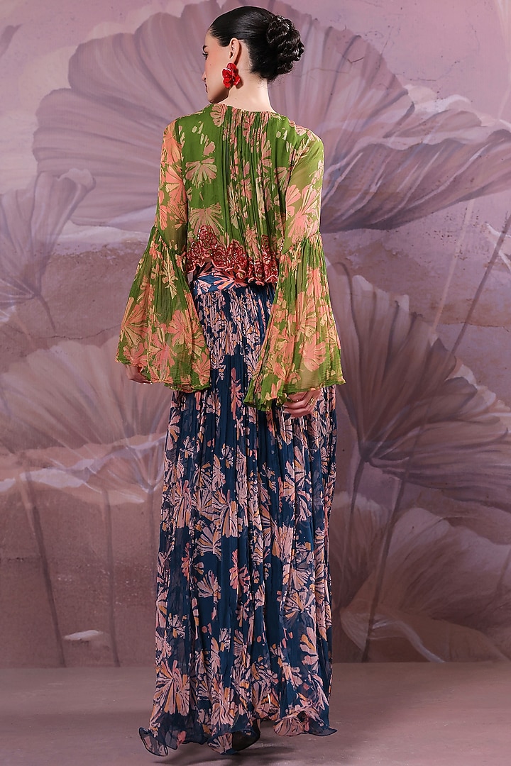 Persian Blue Chiffon Printed Skirt Set by Pallavi Jaipur at Pernia's Pop Up Shop