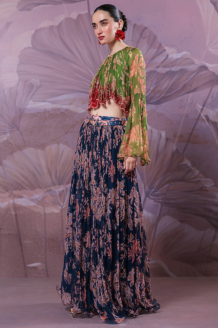 Persian Blue Chiffon Printed Skirt Set by Pallavi Jaipur at Pernia's Pop Up Shop