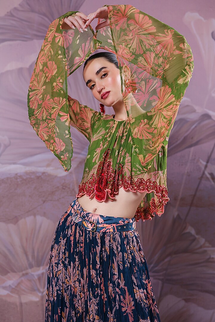 Persian Blue Chiffon Printed Skirt Set by Pallavi Jaipur at Pernia's Pop Up Shop