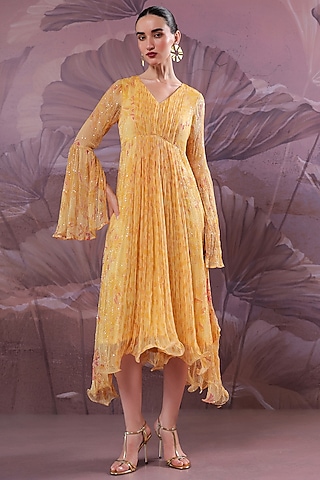 Butter Yellow Chiffon Printed High-Low Dress by Pallavi Jaipur