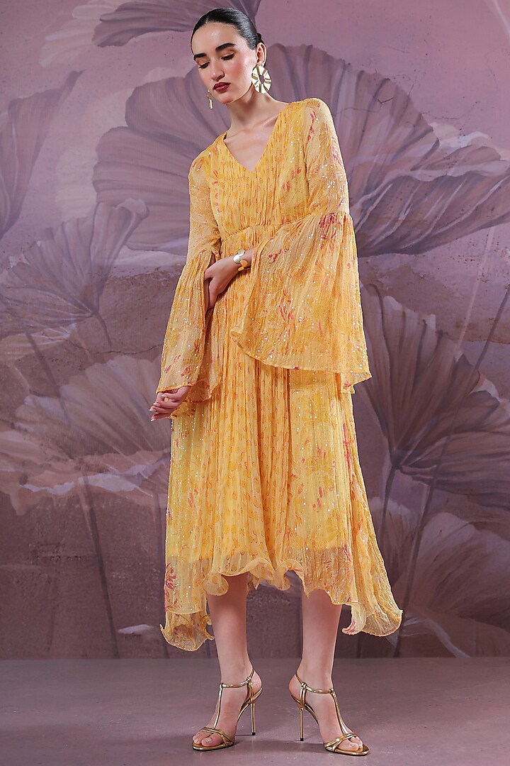 Butter Yellow Chiffon Printed High-Low Vacation Dress by Pallavi Jaipur at Pernia's Pop Up Shop