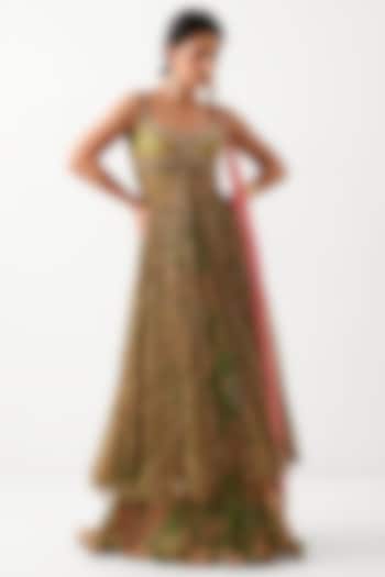 Avocado Green Silk Blend Printed Strappy Kurta Set by Pallavi Jaipur at Pernia's Pop Up Shop