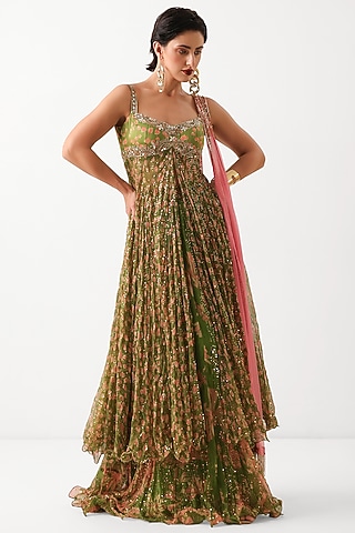 Avocado Green Silk Blend Printed Strappy Kurta Set by Pallavi Jaipur