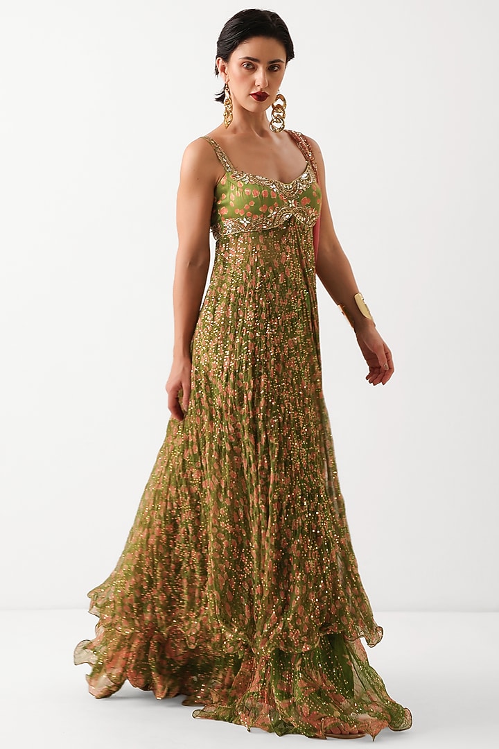Avocado Green Silk Blend Printed Strappy Kurta Set by Pallavi Jaipur at Pernia's Pop Up Shop