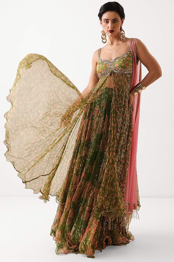 Avocado Green Silk Blend Printed Strappy Kurta Set by Pallavi Jaipur at Pernia's Pop Up Shop