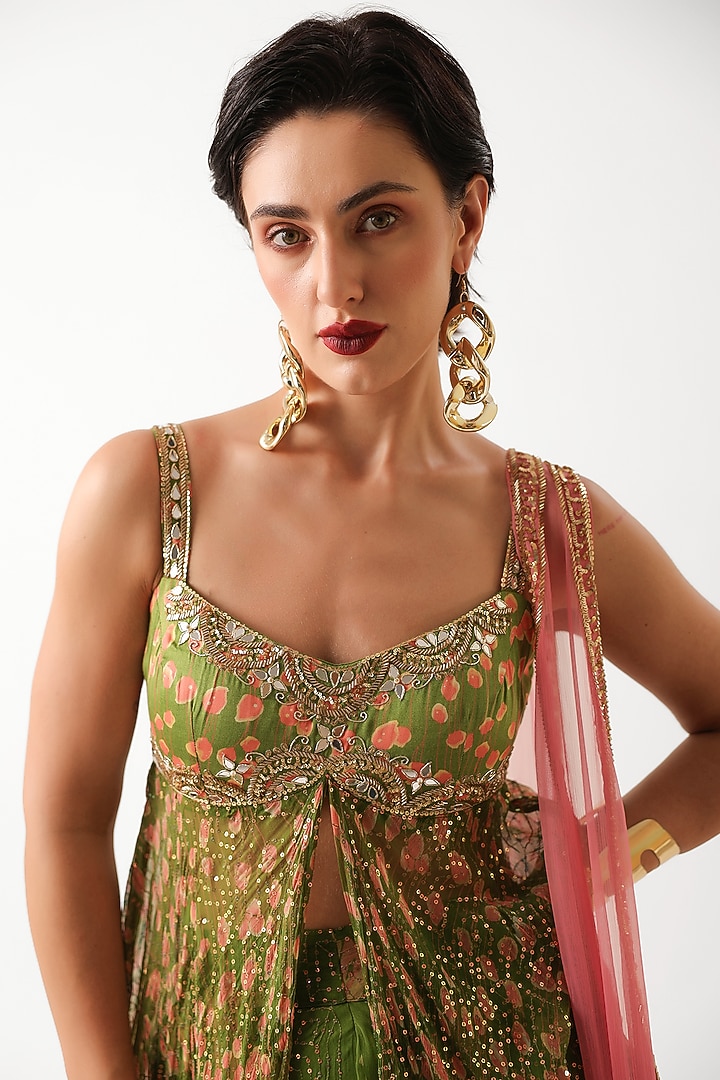 Avocado Green Silk Blend Printed Strappy Kurta Set by Pallavi Jaipur at Pernia's Pop Up Shop