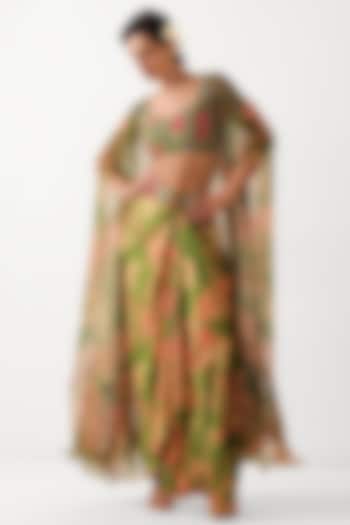 Avocado Green Silk Blend Printed Draped Skirt Set by Pallavi Jaipur at Pernia's Pop Up Shop