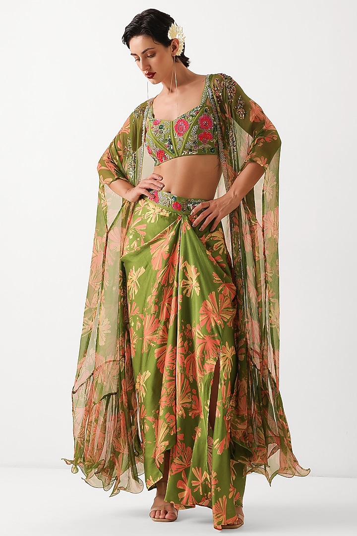 Avocado Green Silk Blend Printed Draped Skirt Set by Pallavi Jaipur at Pernia's Pop Up Shop