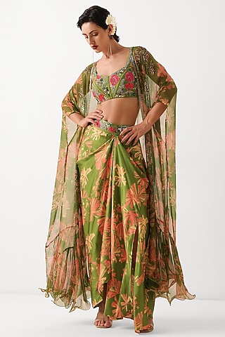 Avocado Green Silk Blend Printed Draped Skirt Set by Pallavi Jaipur
