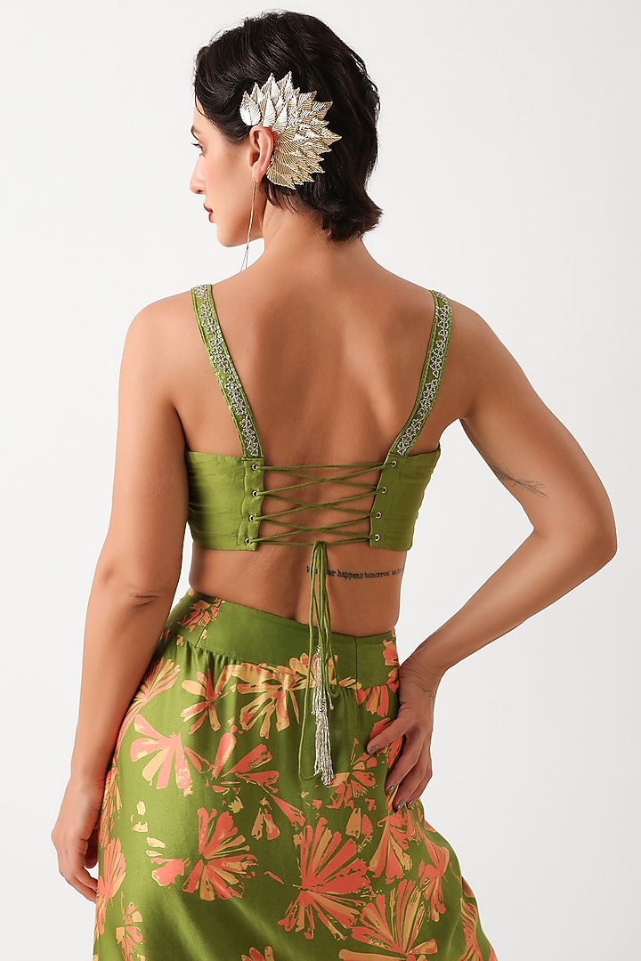 Avocado Green Silk Blend Printed Draped Skirt Set by Pallavi Jaipur at Pernia's Pop Up Shop