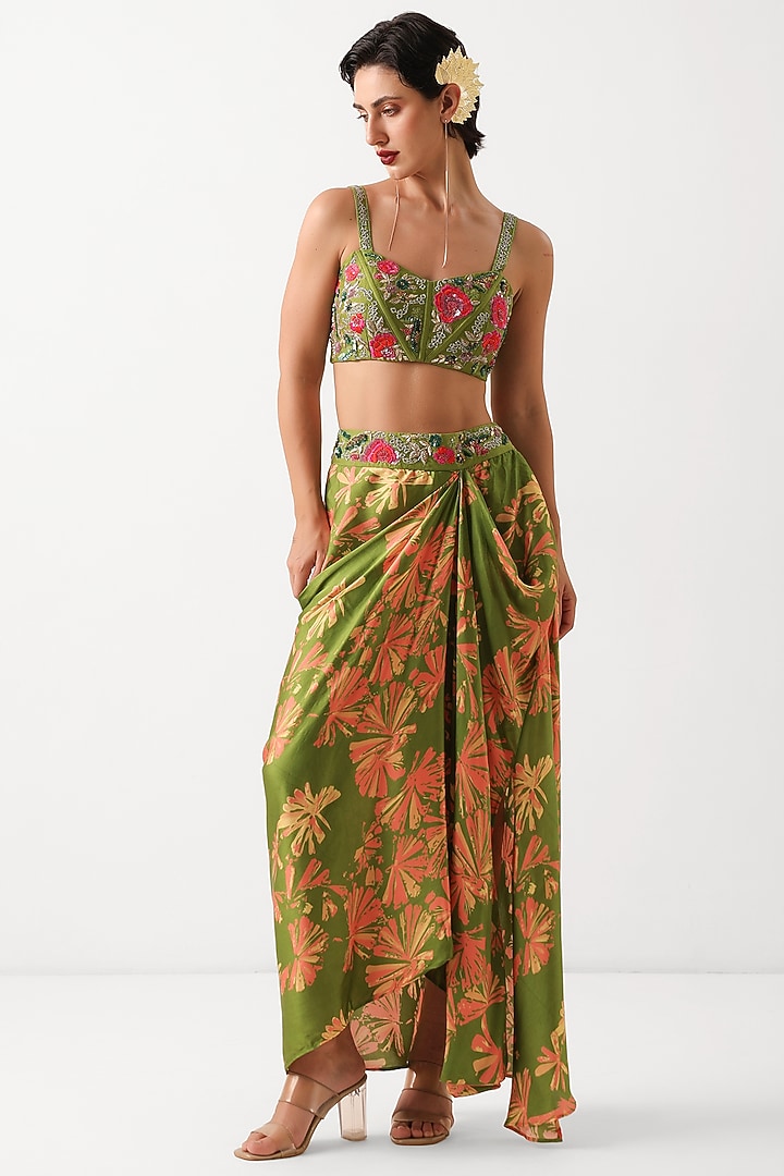 Avocado Green Silk Blend Printed Draped Skirt Set by Pallavi Jaipur at Pernia's Pop Up Shop