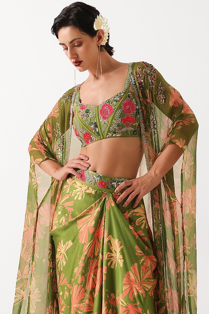 Avocado Green Silk Blend Printed Draped Skirt Set by Pallavi Jaipur at Pernia's Pop Up Shop