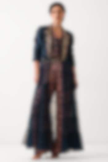 Prussian Blue Chanderi Printed Jacket Set by Pallavi Jaipur at Pernia's Pop Up Shop