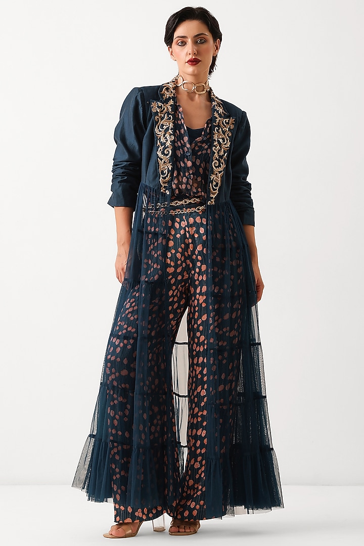 Prussian Blue Chanderi Printed Jacket Set by Pallavi Jaipur at Pernia's Pop Up Shop