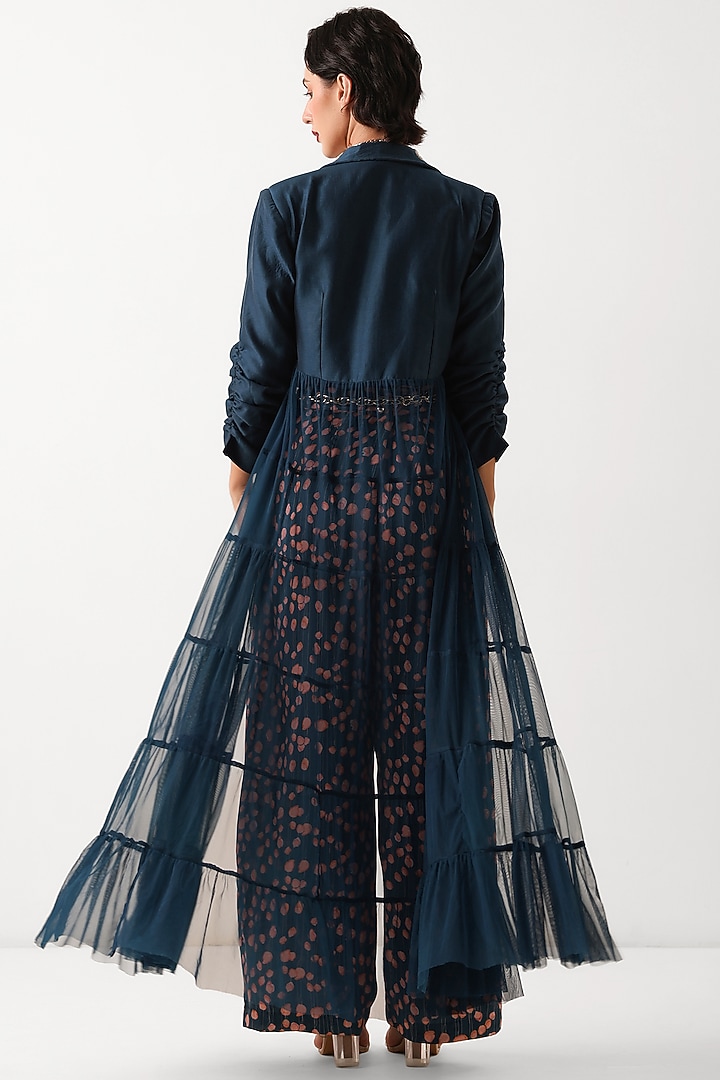 Prussian Blue Chanderi Printed Jacket Set by Pallavi Jaipur at Pernia's Pop Up Shop
