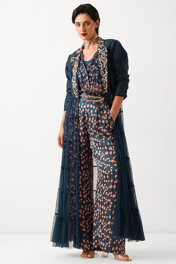 Prussian Blue Chanderi Printed Jacket Set by Pallavi Jaipur at Pernia's Pop Up Shop
