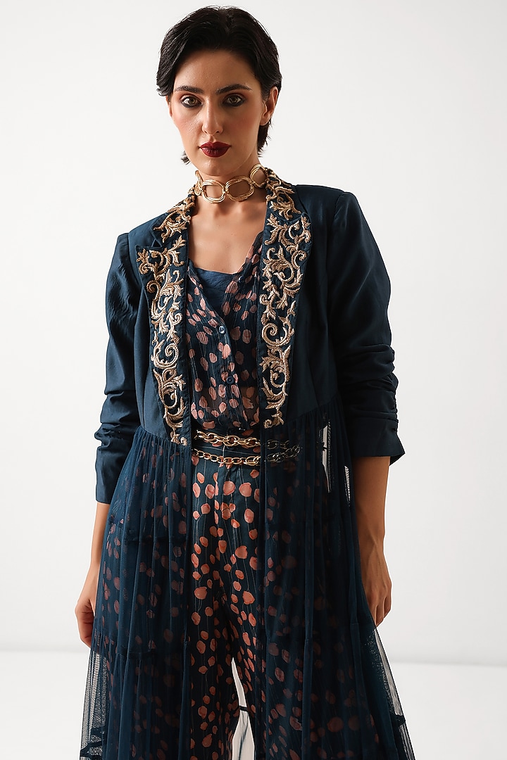 Prussian Blue Chanderi Printed Jacket Set by Pallavi Jaipur at Pernia's Pop Up Shop