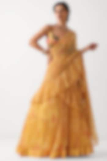 Butter Yellow Chiffon Printed Tiered Wedding Lehenga Set by Pallavi Jaipur at Pernia's Pop Up Shop