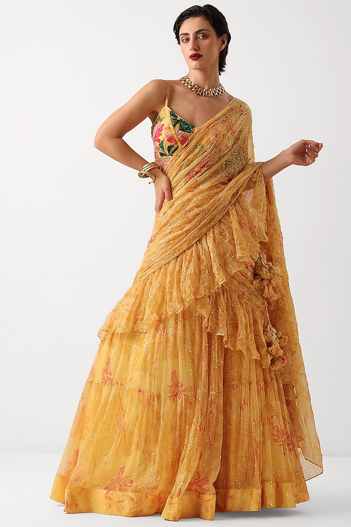 Butter Yellow Chiffon Printed Tiered Wedding Lehenga Set by Pallavi Jaipur at Pernia's Pop Up Shop