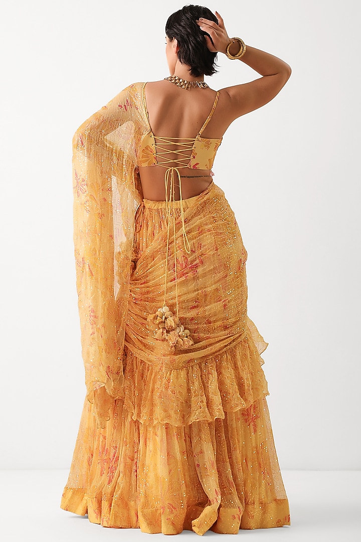 Butter Yellow Chiffon Printed Tiered Wedding Lehenga Set by Pallavi Jaipur at Pernia's Pop Up Shop