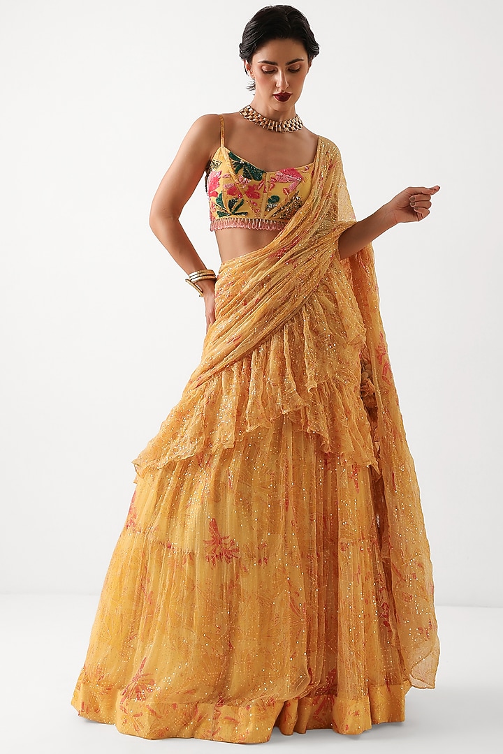 Butter Yellow Chiffon Printed Tiered Wedding Lehenga Set by Pallavi Jaipur at Pernia's Pop Up Shop