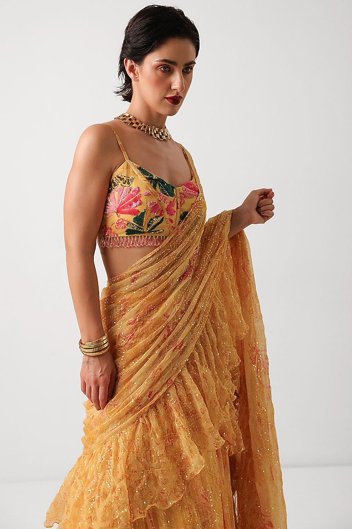 Butter Yellow Chiffon Printed Tiered Wedding Lehenga Set by Pallavi Jaipur at Pernia's Pop Up Shop