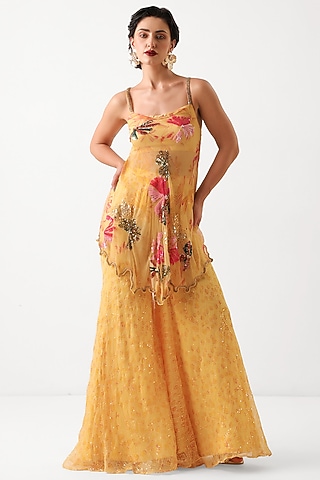 Butter Yellow Chiffon Printed Sharara Set by Pallavi Jaipur