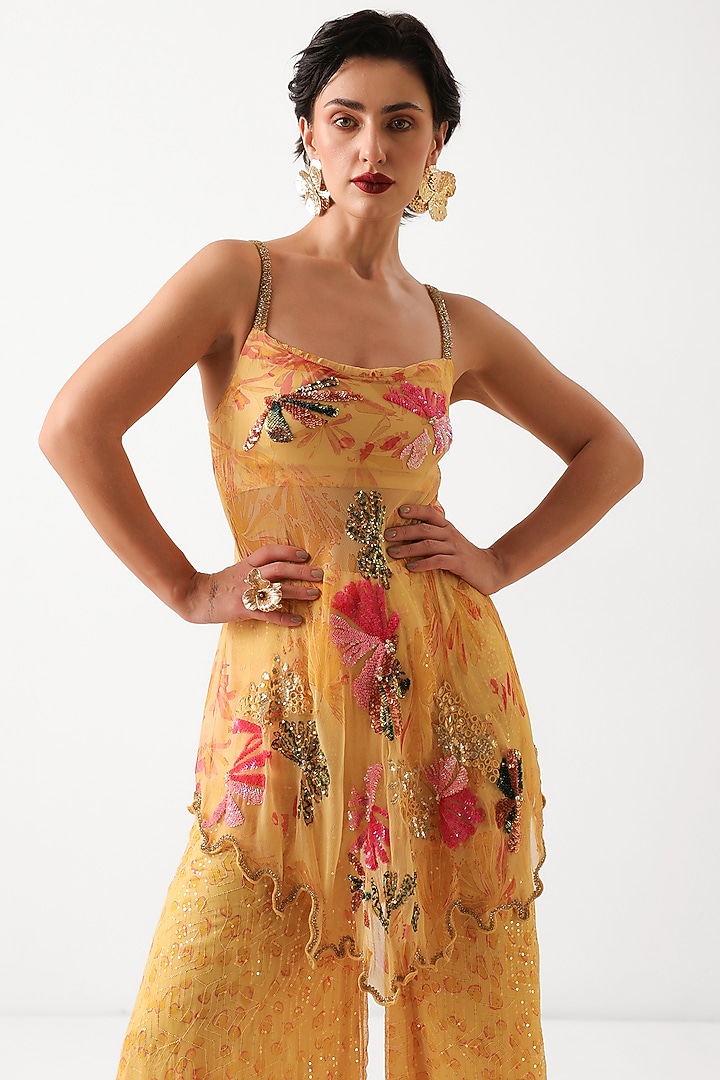 Butter Yellow Chiffon Printed Wedding Sharara Set by Pallavi Jaipur at Pernia's Pop Up Shop