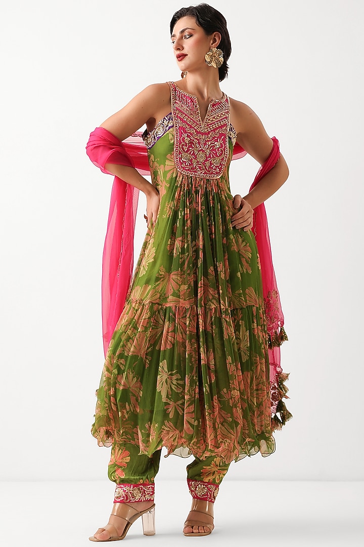 Avocado Green Chiffon Printed Tiered Kurta Set by Pallavi Jaipur at Pernia's Pop Up Shop