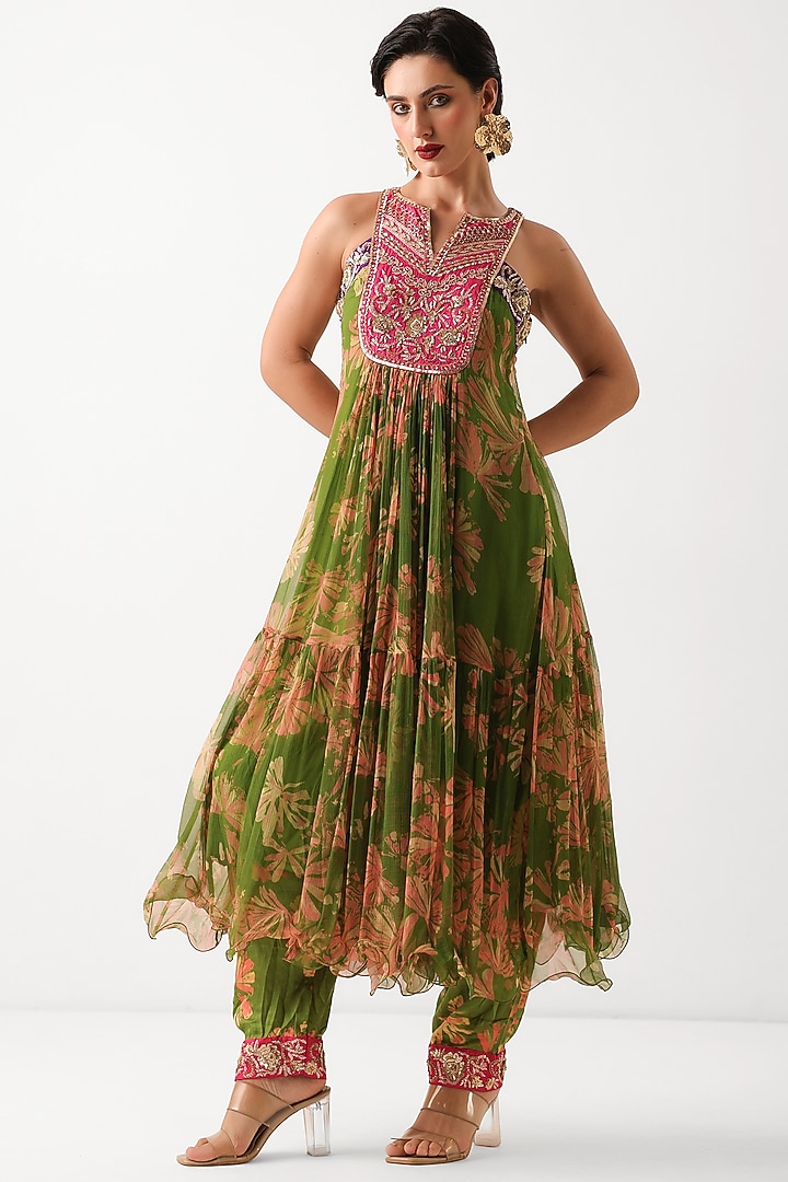 Avocado Green Chiffon Printed Tiered Kurta Set by Pallavi Jaipur at Pernia's Pop Up Shop