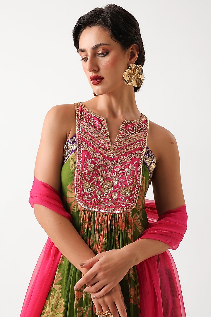 Avocado Green Chiffon Printed Tiered Kurta Set by Pallavi Jaipur at Pernia's Pop Up Shop