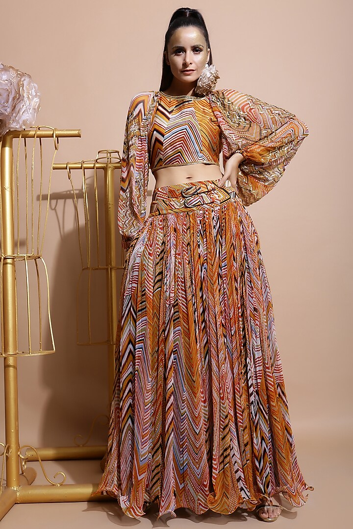 Mustard Leheriya Skirt Set by Pallavi Jaipur