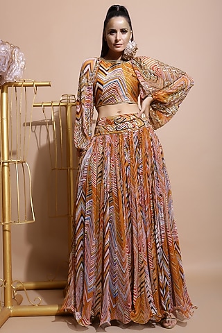 Mustard Leheriya Skirt Set by Pallavi Jaipur
