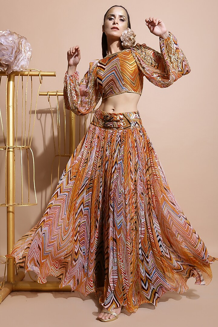 Mustard Leheriya Skirt Set by Pallavi Jaipur at Pernia's Pop Up Shop