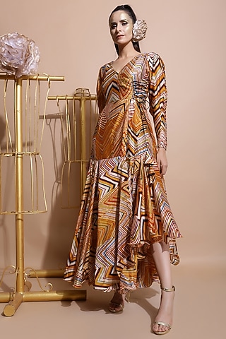 Mustard Leheriya Wrap Dress by Pallavi Jaipur