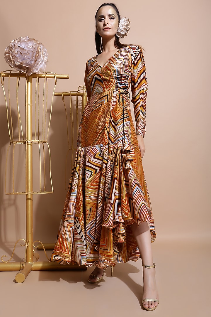 Mustard Leheriya Wrap Vacation Dress by Pallavi Jaipur at Pernia's Pop Up Shop